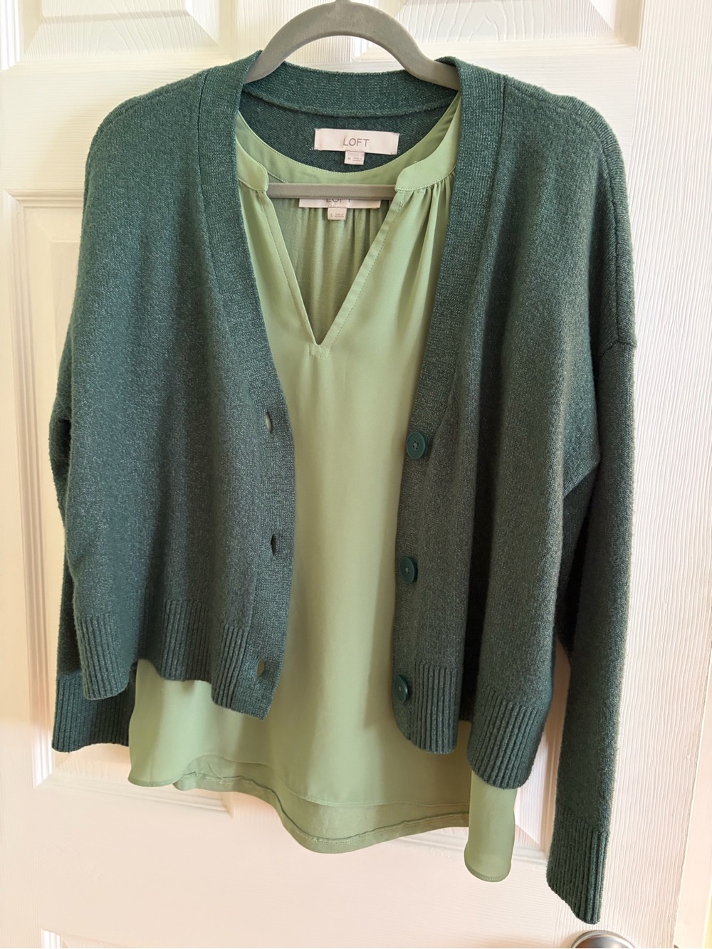 LOFT Dark Green V-Neck Button Front Cardigan